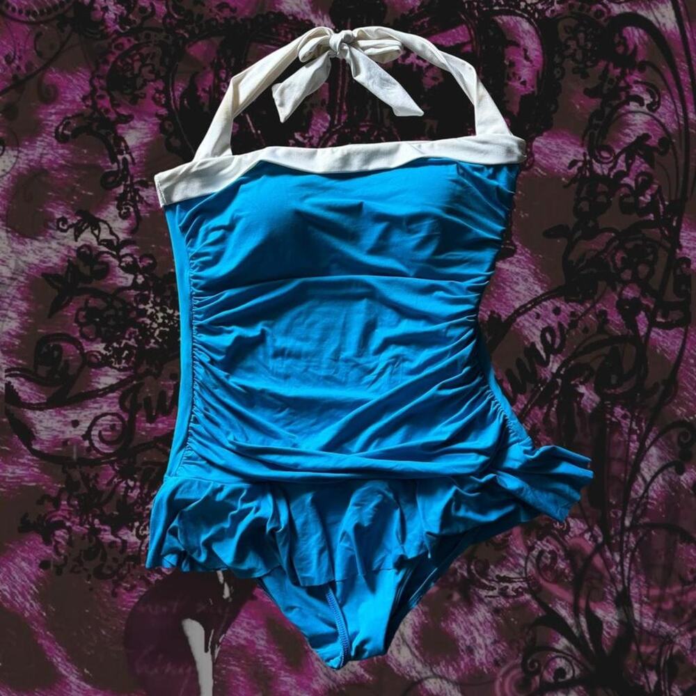 blue and white color block Y2K retro tumblr halter tie tankini swimsuit